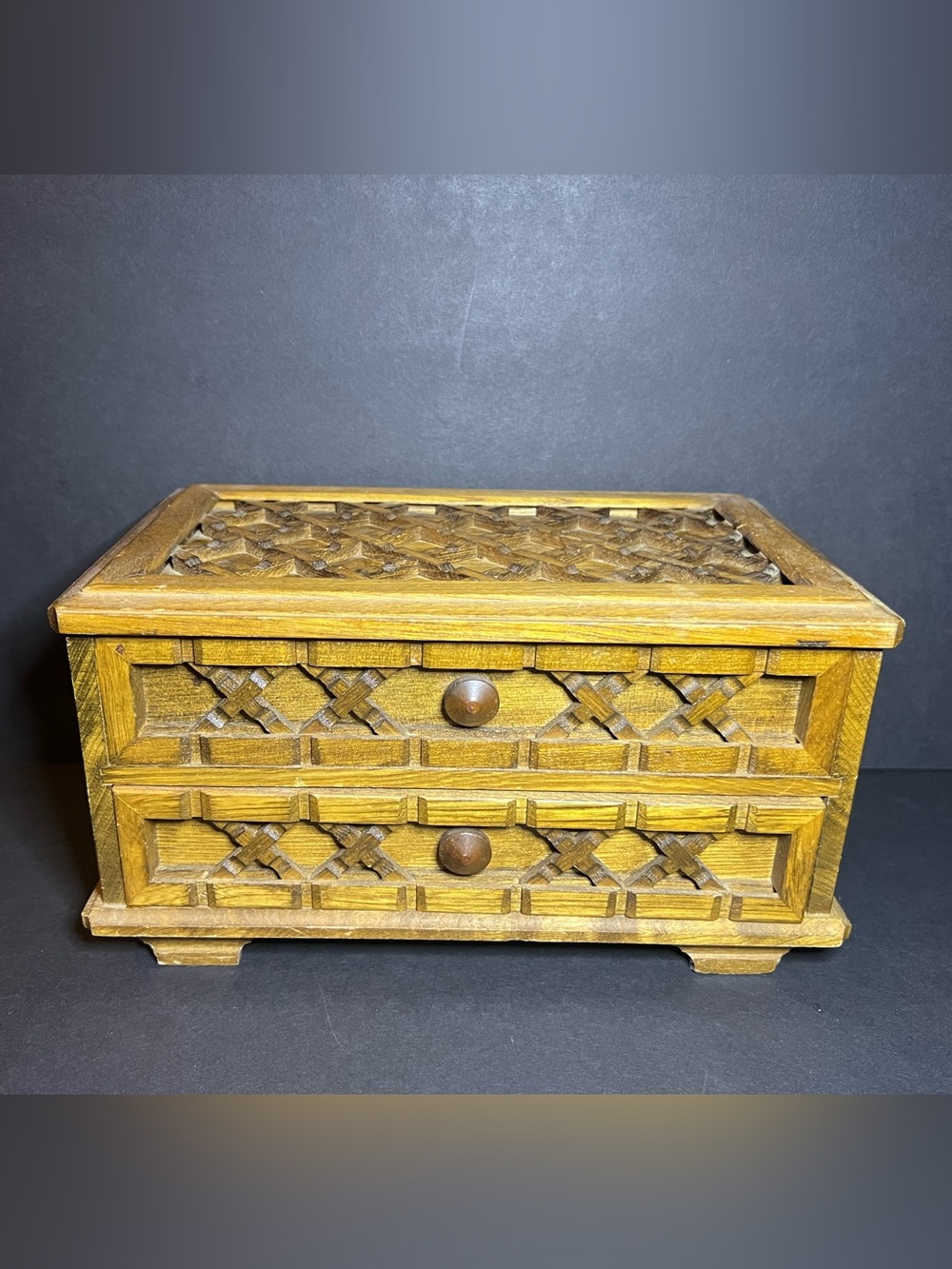 Vintage MCM Styled by Mele Wooden Crosshatch Lattice Jewelry Box w Yellow Lining